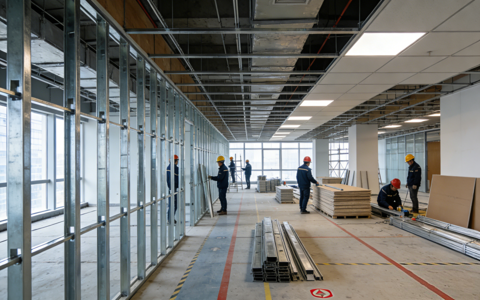 上海长宁写字楼翻新施工现场，工种协调有序