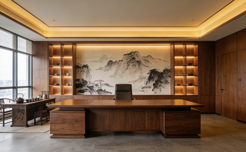 上海新中式风格总裁办公室室内装修实景拍摄