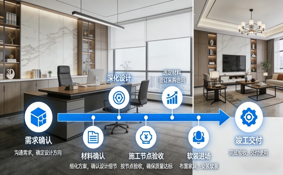 上海办公室装修标准化服务流程：从效果图到实景落地