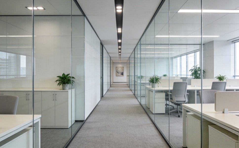上海浦东陆家嘴写字楼现代简约装修完工实景图，玻璃隔断设计，高端明亮办公空间