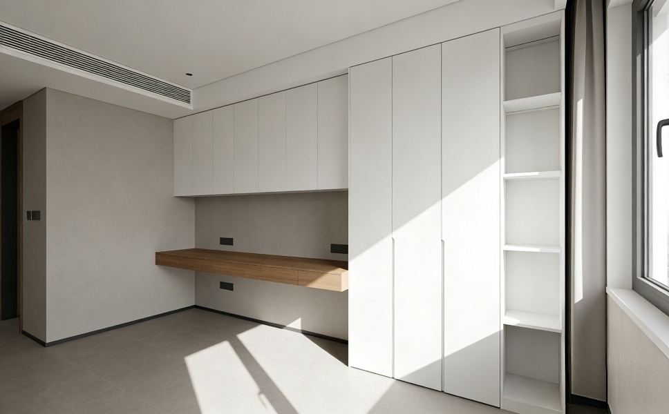 上海小型办公室现代简约装修案例，悬浮书桌与顶天立地收纳柜，垂直空间扩容效果