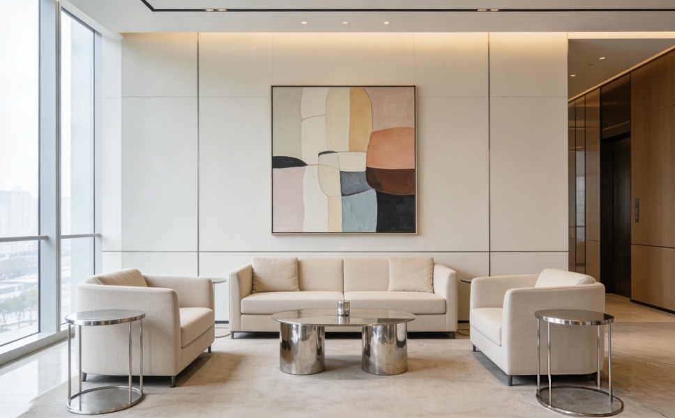 上海写字楼接待区软装搭配，米色布艺沙发与金属边几，抽象画背景墙，海派现代风格
