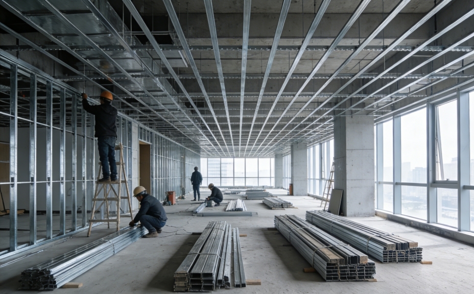 浦东写字楼装修施工现场，工人进行轻钢龙骨隔墙安装，展示规范工艺与现场管理