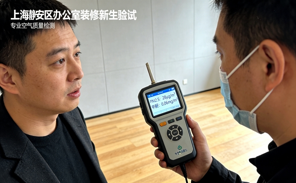 静安区办公室装修完工后空气质量检测现场，检测人员使用专业仪器，保障办公环境健康