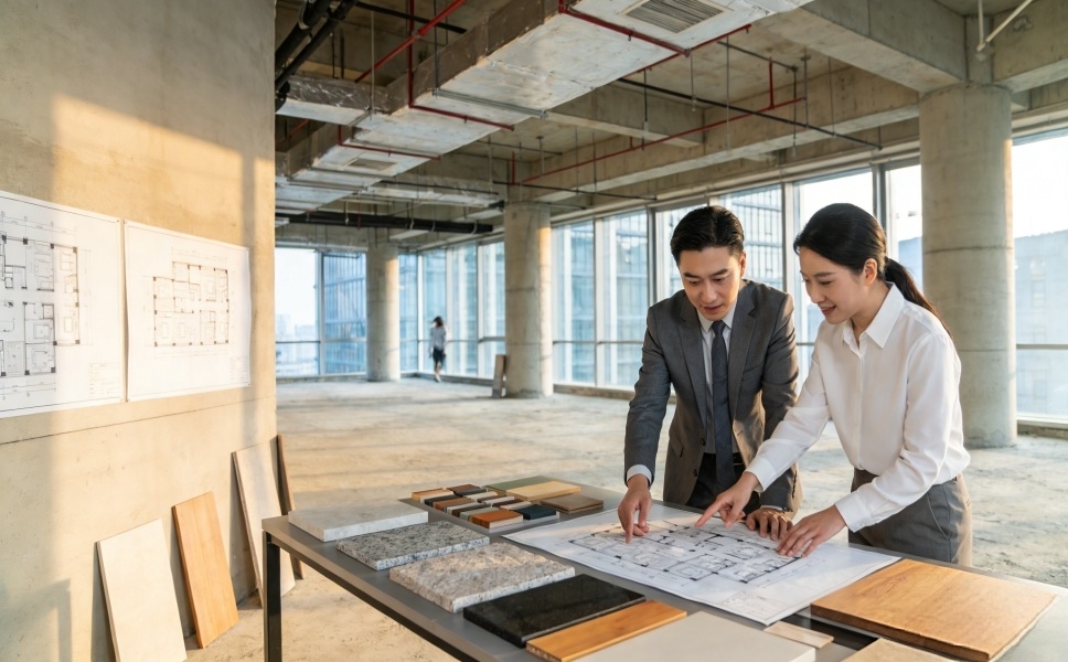 上海办公室装修 设计师现场沟通 材料选样