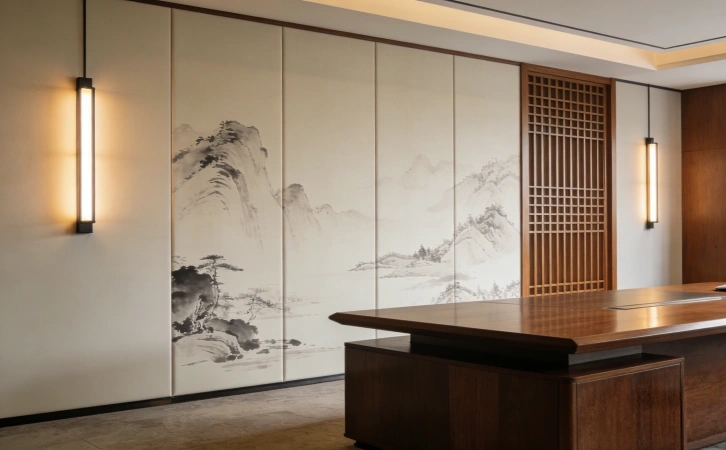 上海新中式办公室经理室 水墨背景墙设计