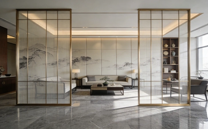 上海新中式写字楼装修 前厅实景 屏风水墨元素