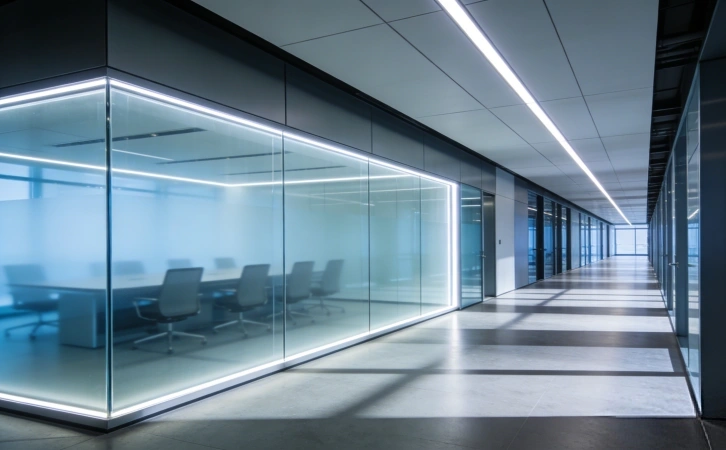 上海写字楼装修 调光玻璃与线性灯带设计